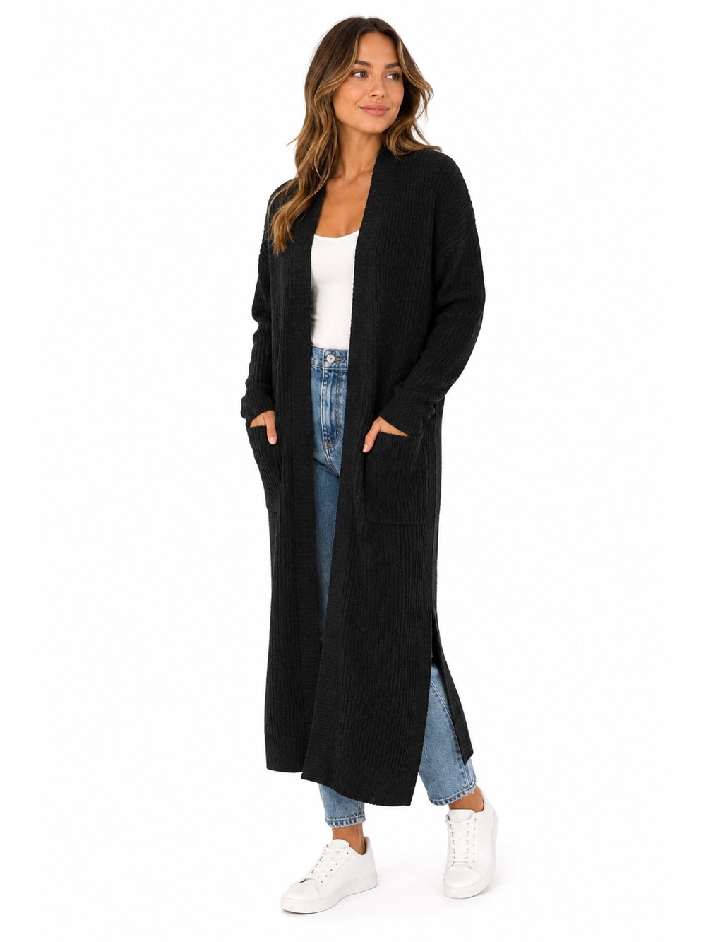 Romanstii Black Maxi Longline Cardigan Sweater Open Front Pockets M